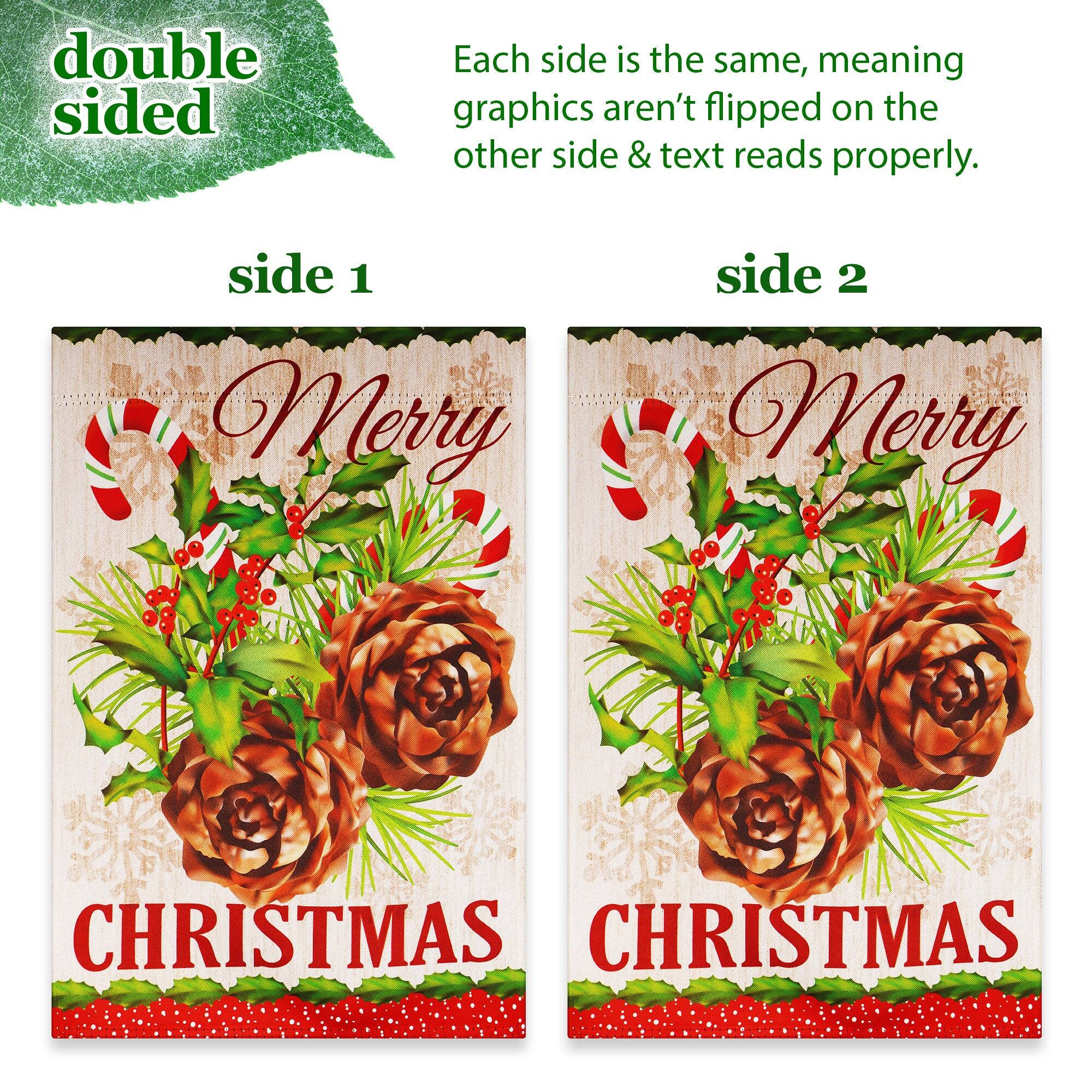double sided

Each side is the same, meaning graphics aren't flipped on the other side & text reads properly.

side 1
Merry
CHRISTMAS

side 2
Merry
CHRISTMAS