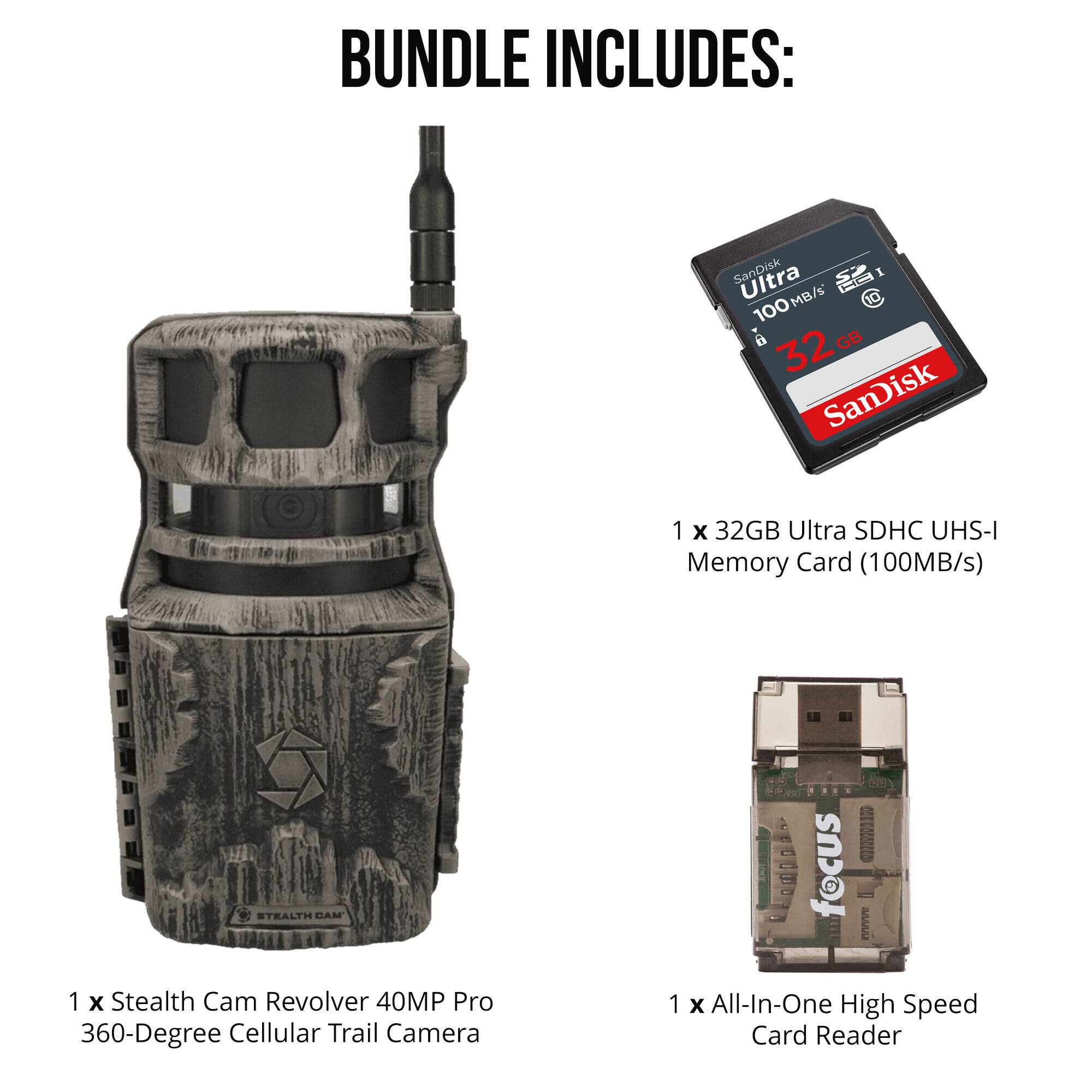 BUNDLE INCLUDES:

1 x 32GB Ultra SDHC UHS-I Memory Card (100MB/s)  
1 x Stealth Cam Revolver 40MP Pro 360-Degree Cellular Trail Camera  
1 x All-In-One High Speed Card Reader