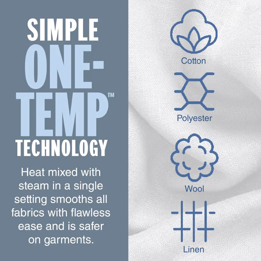 Simple One-Temperature Technology: Heat mixed with steam in a single setting smooths all fabrics with flawless ease and is safer on garments. Cotton, Polyester, Wool, Linen.