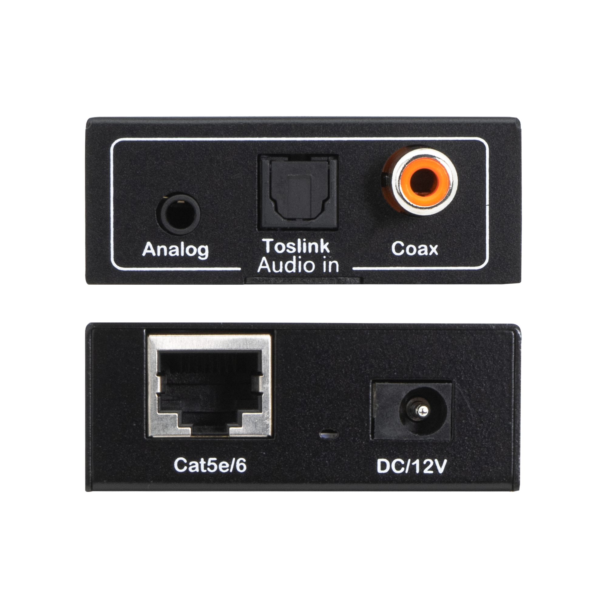 Analog, Toslink Audio in, Coax, Cat5e/6, DC/12V