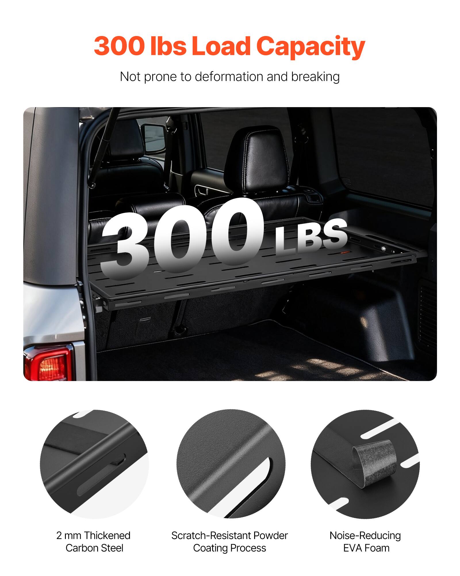 300 lbs Load Capacity  
Not prone to deformation and breaking  
300 LBS  

2 mm Thickened Carbon Steel  
Scratch-Resistant Powder Coating Process  
Noise-Reducing EVA Foam