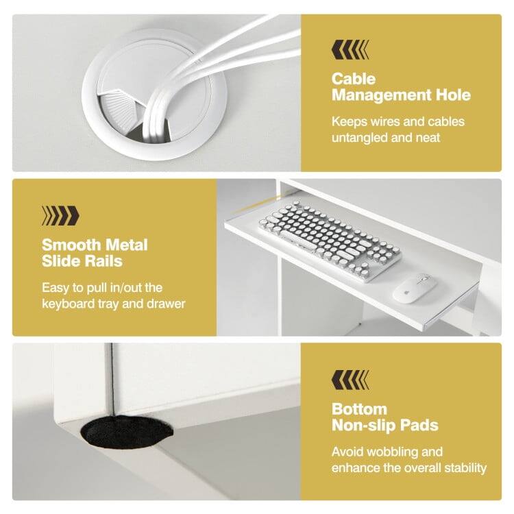 - Cable Management Hole: Keeps wires and cables untangled and neat
- Smooth Metal Slide Rails: Easy to pull in/out the keyboard tray and drawer
- Bottom Non-slip Pads: Avoid wobbling and enhance the overall stability