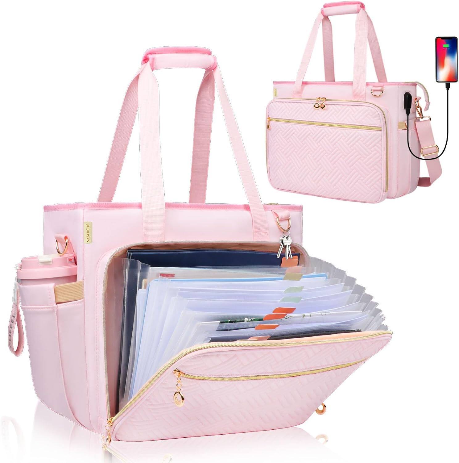 Vulpecula Spade - Teacher Tote Bag with Accordion File Organizer Pocket, Soft Nylon Utility Laptop Compartment & USB Port - Soft Pink