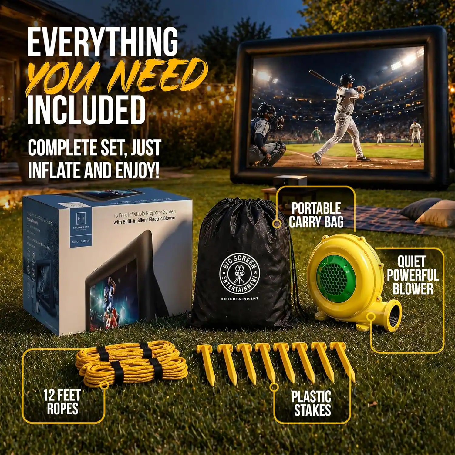 Everything you need included complete set, just inflate and enjoy! 27 Inflatable Projector Screen 15 Foot Silent Electric Blower with Built-in Portable Carry Bag Big Screen Quiet Powerful Blower Entertainment 12 Feet! Plastic Ropes Stakes