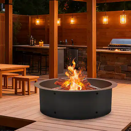 Front. Oumilen - 30" Round Modular Fire Pit Ring, Heavy-Duty Steel Above-Ground Fire Pit Liner.