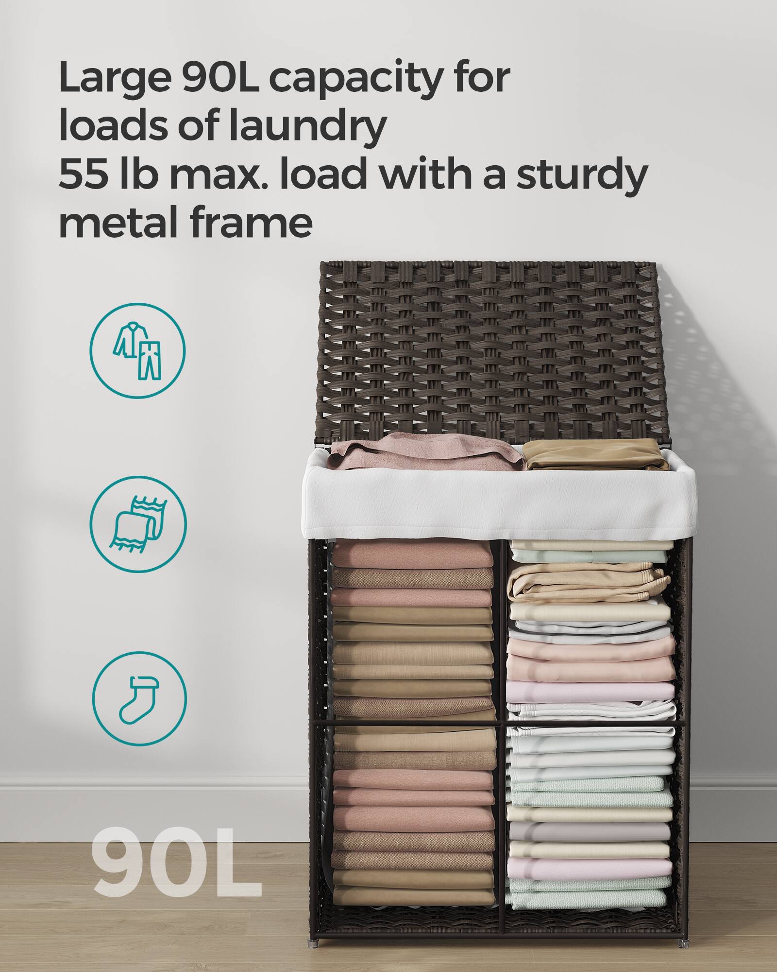 Large 90L capacity for loads of laundry 55 lb max. load with a sturdy metal frame

90L