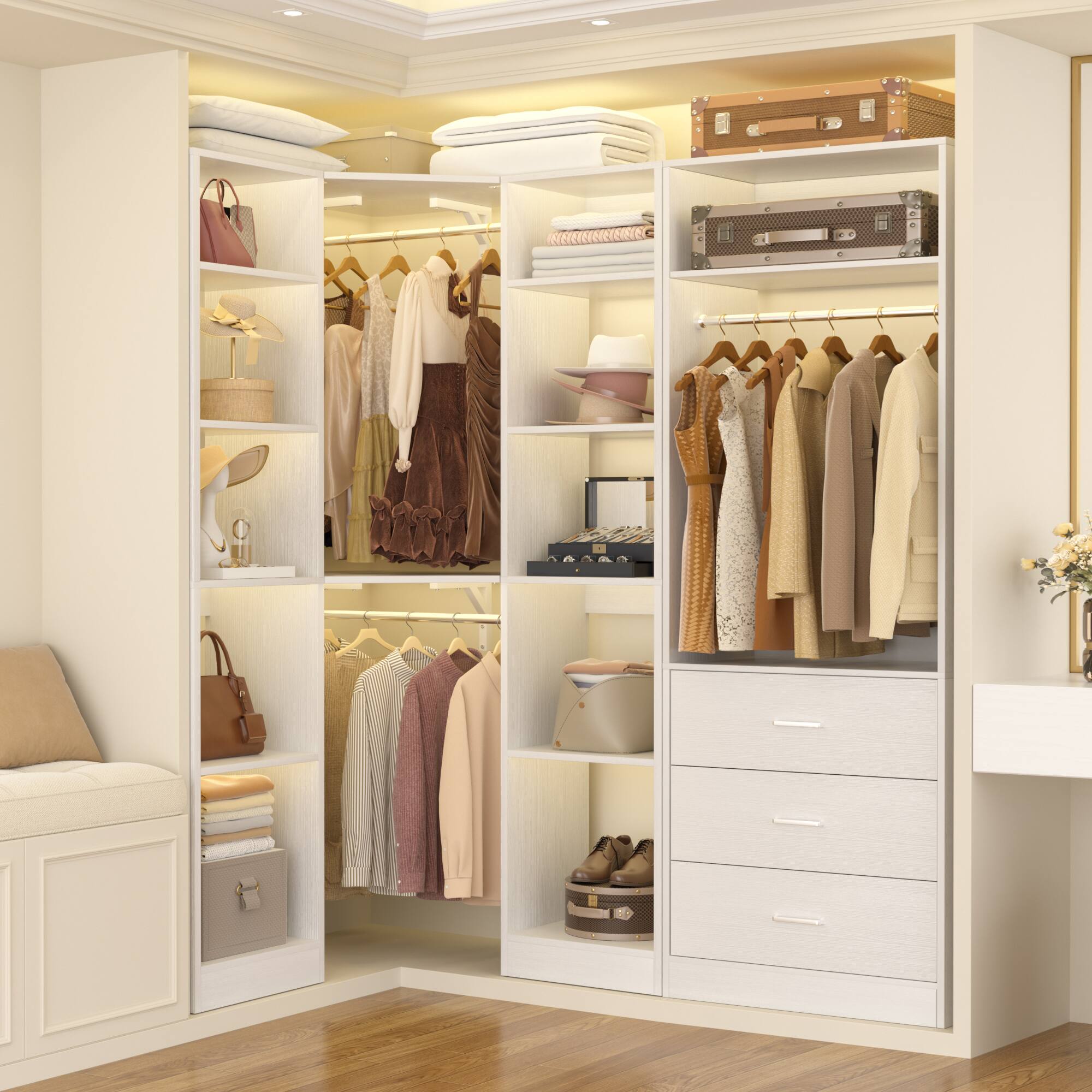 Angle. Aheaplus - L-Shaped Corner Closet: 3 Drawers + 13 Shelves, 2000lb Capacity ,Space-Saving Walk-in Organizer - White.