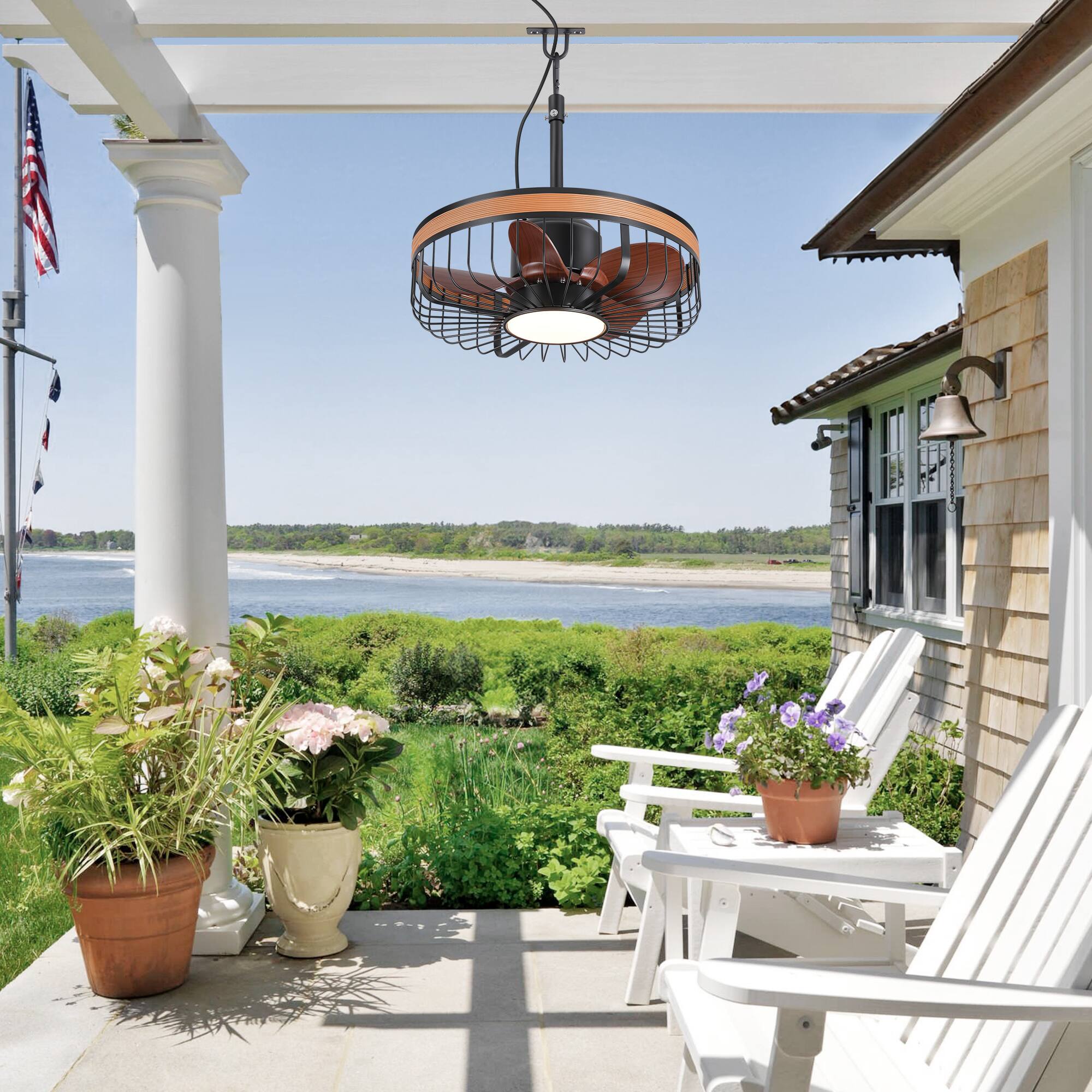 Back. Breezary - 19" Outdoor Waterproof Ceiling Fan with Gazebo Light, DC Motor, Remote, Reversible ABS Blades, Wet/Damp Rated, Patio Use - Dark Walnut + Walnut Trim(Plug-in).