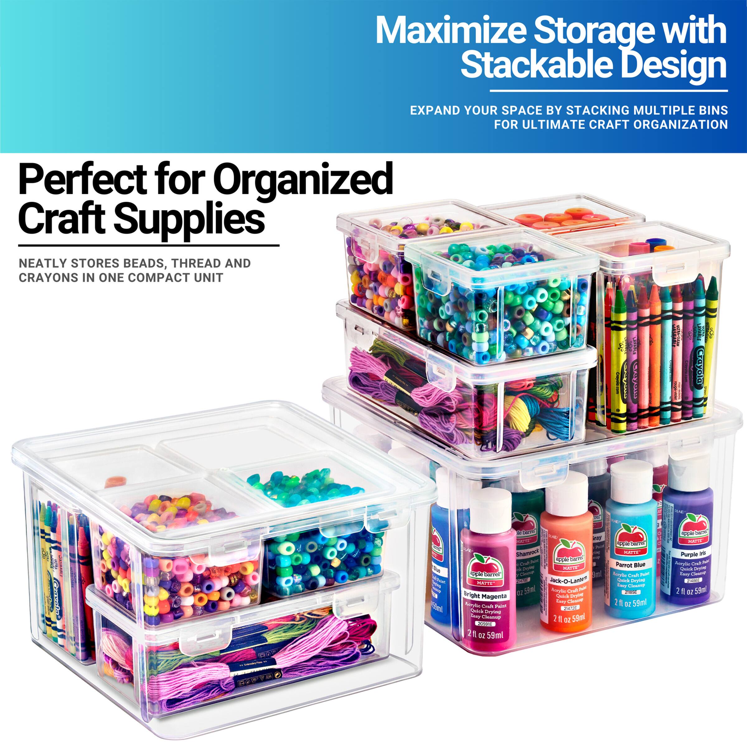 Maximize Storage with Stackable Design  
EXPAND YOUR SPACE BY STACKING MULTIPLE BINS FOR ULTIMATE CRAFT ORGANIZATION  

Perfect for Organized Craft Supplies  
NEATLY STORES BEADS, THREAD AND CRAYONS IN ONE COMPACT UNIT