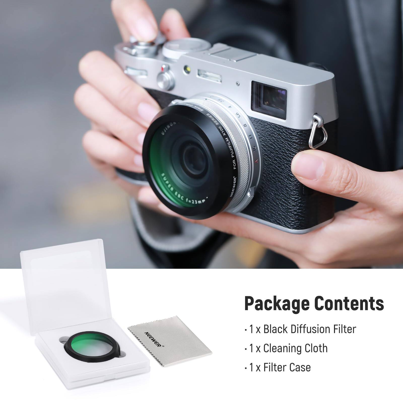 Package Contents

- 1 x Black Diffusion Filter
- 1 x Cleaning Cloth
- 1 x Filter Case