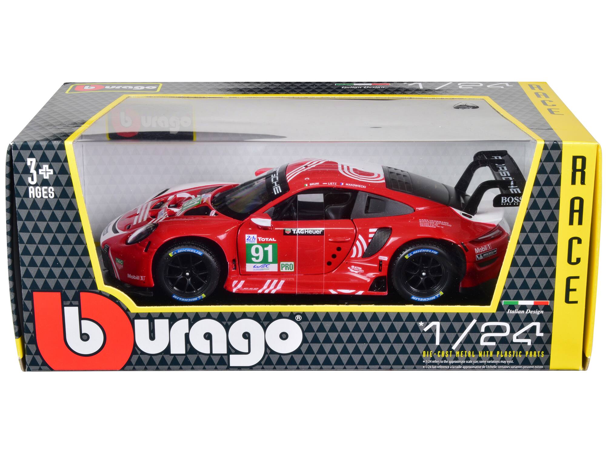 Bburago - Porsche 911 RSR #91 Bruni Lietz Makowiecki Porsche GT Team 24 Hours of Le Mans 2020 1:24 Diecast - Red and White