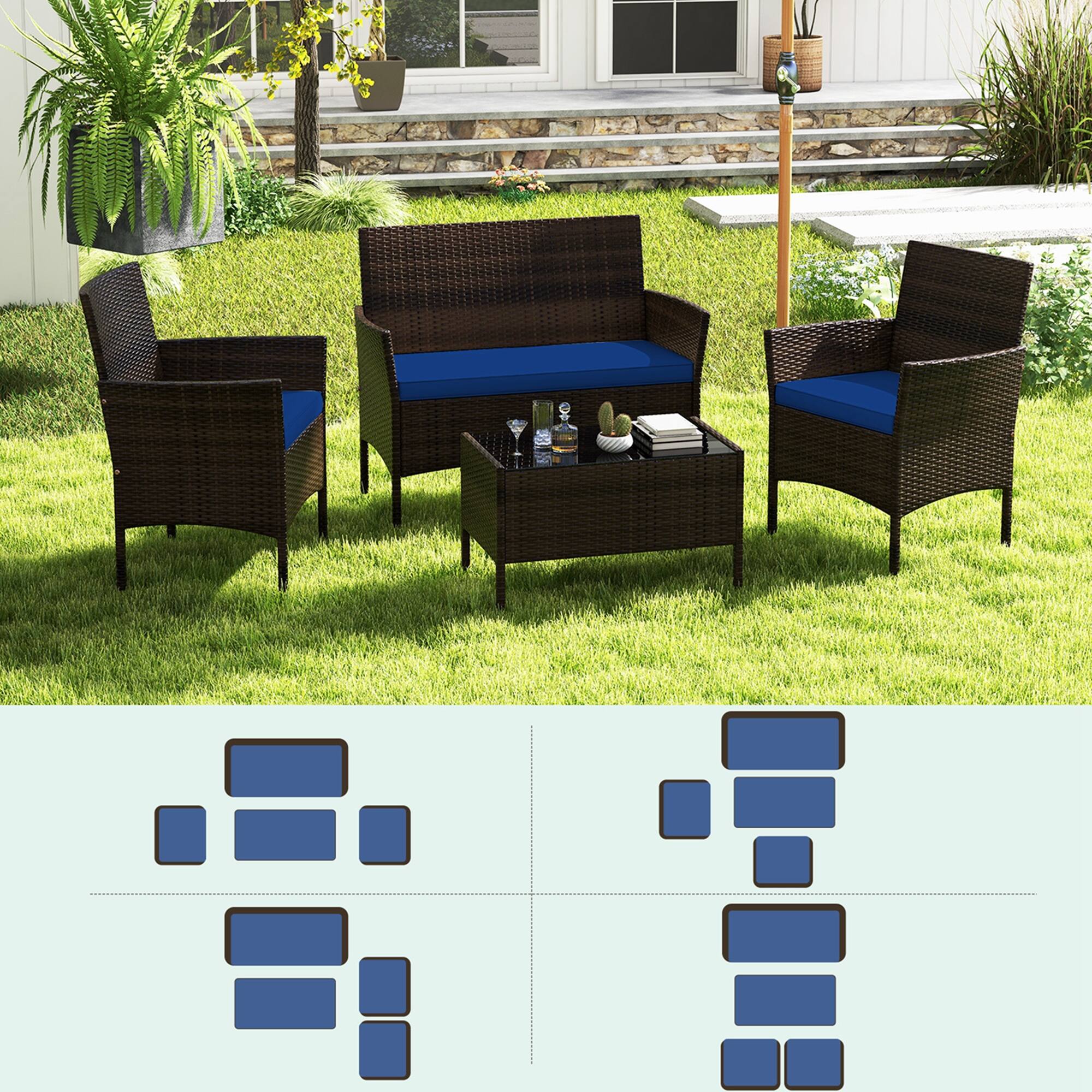 Alt View 7. Costway - 4 PCS Patio Furniture Set with Washable Cushions and Tempered Glass Coffee Table - Mix Brown + Navy.
