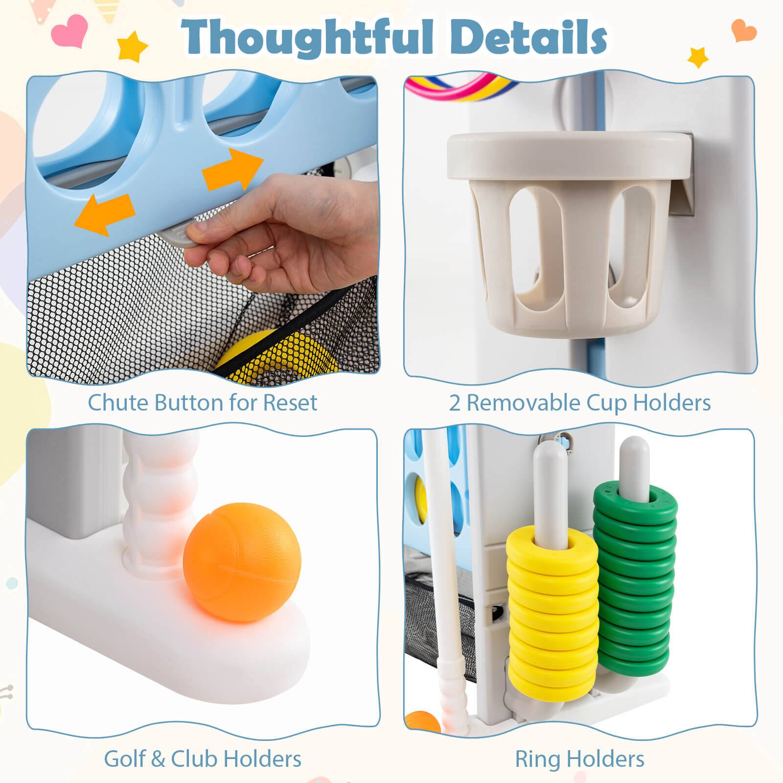 Thoughtful Details

- Chute Button for Reset
- 2 Removable Cup Holders
- Golf & Club Holders
- Ring Holders