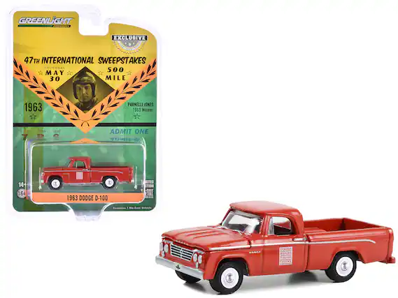 GREENLIGHT
collectibles
EXCLUSIVE
47TH INTERNATIONAL SWEEPSTAKES
THURSDAY
MAY 30
500 MILE
1963
PARNELLI JONES
1963 Winner
ADMIT ONE
1963 DODGE D-100
Contains: 1 Die-Cast Vehicle
LIMITED EDITION
CAST METAL ASSIS
DODGE BUILDS TOUGH TRUCKS
14+
1:64
Sec. Row Seat
14+
64 A
ODE ADMIT ONE
1963 DODGE D-100
MITED TION CAST ETAL ASSIS
Contains: 5 Die-Cast Vehicle
BALS DODGE RUILOS TOUGH TRUCKS