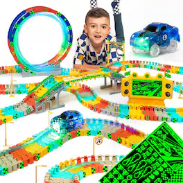JitteryGit - Glow Race Track Set – 182-Piece Track with Loop, Bridge & Glow Stickers
