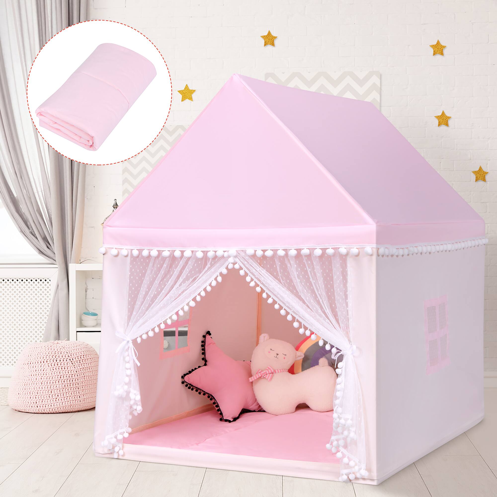 Costway - Kids Play Tent Large Playhouse Children Play Castle Fairy Tent Gift w/ Mat - Pink