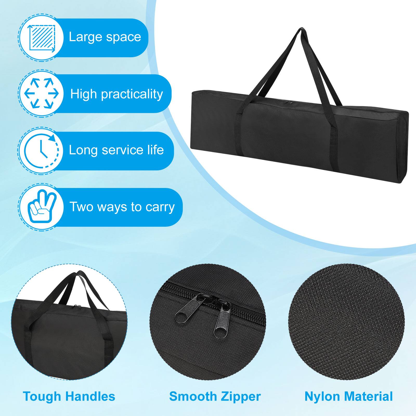 Large space  
High practicality  
Long service life  
Two ways to carry  
Tough Handles  
Smooth Zipper  
Nylon Material