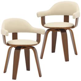 LeisureMod - Set of 2 Brivo Modern Leather Swivel Dining Arm Chair with Solid Wood Legs and Open Curved Back - Cream