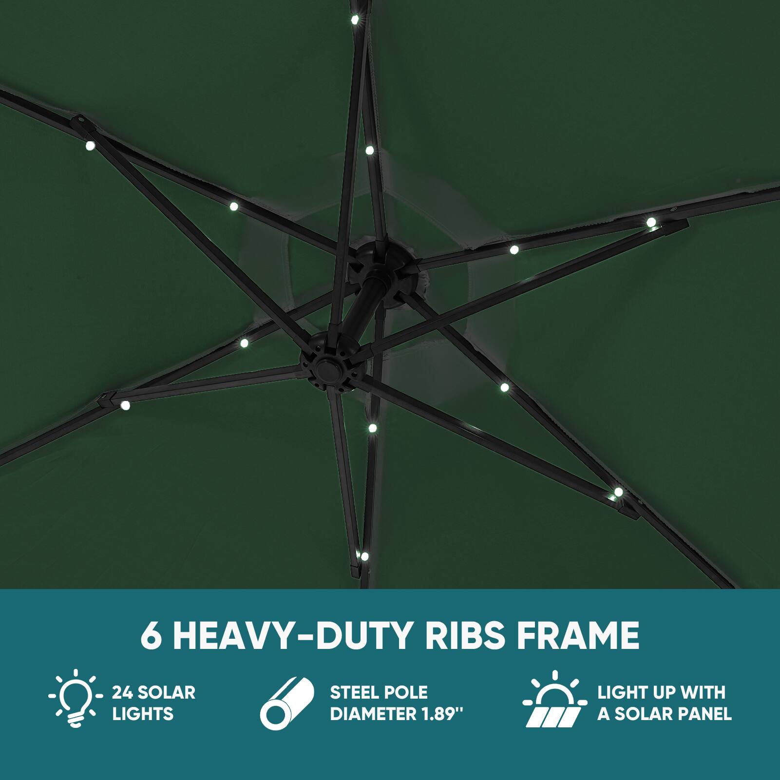 6 HEAVY-DUTY RIBS FRAME  
24 SOLAR LIGHTS  
STEEL POLE DIAMETER 1.89"  
LIGHT UP WITH A SOLAR PANEL