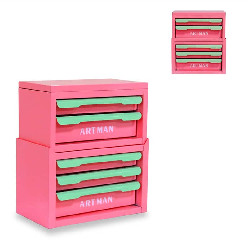 HTUTWOO - Drawer-Style Desktop Storage Box - 2+3 Layer Office Workstation Organizing Magic Tool, Desk Stationery Storage Rack - Creamy Green + Pink