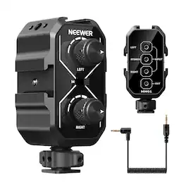 Neewer - MM01 Dual Channel Audio Mixer Adapter, 3.5mm TRS, Stereo/Mono Switch, Cold Shoe, for DSLR/Phone - Black
