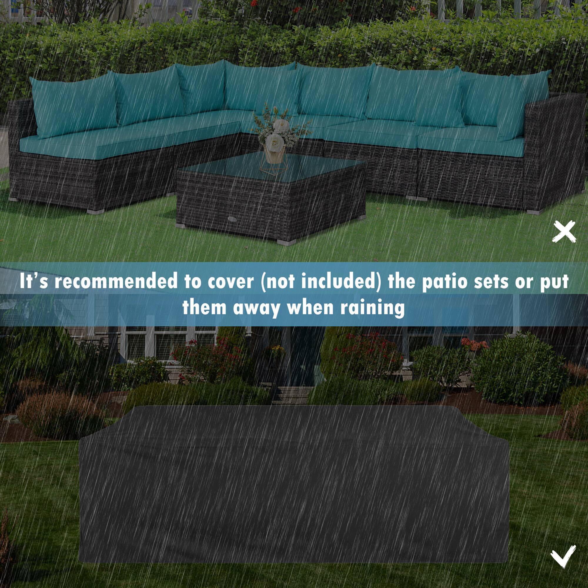 It's recommended to cover (not included) the patio sets or put them away when raining.