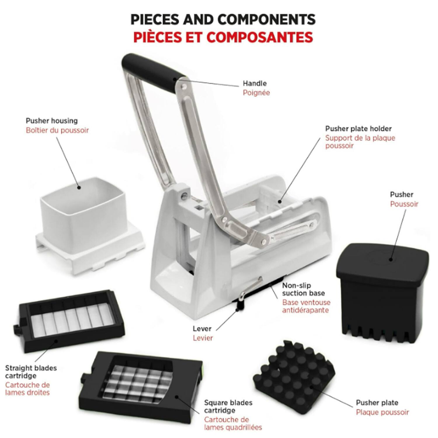 PIECES AND COMPONENTS  
PIÈCES ET COMPOSANTES  

Handle  
Poignée  

Pusher housing  
Boîtier du poussoir  

Pusher plate holder  
Support de la plaque poussoir  

Pusher  
Poussoir  

Non-slip suction base  
Base ventouse antidrapante  

Lever  
Levier  

Straight blades cartridge  
Cartouche de lames droites  

Square blades cartridge  
Cartouche de lames quadrillées  

Pusher plate  
Plaque poussoir