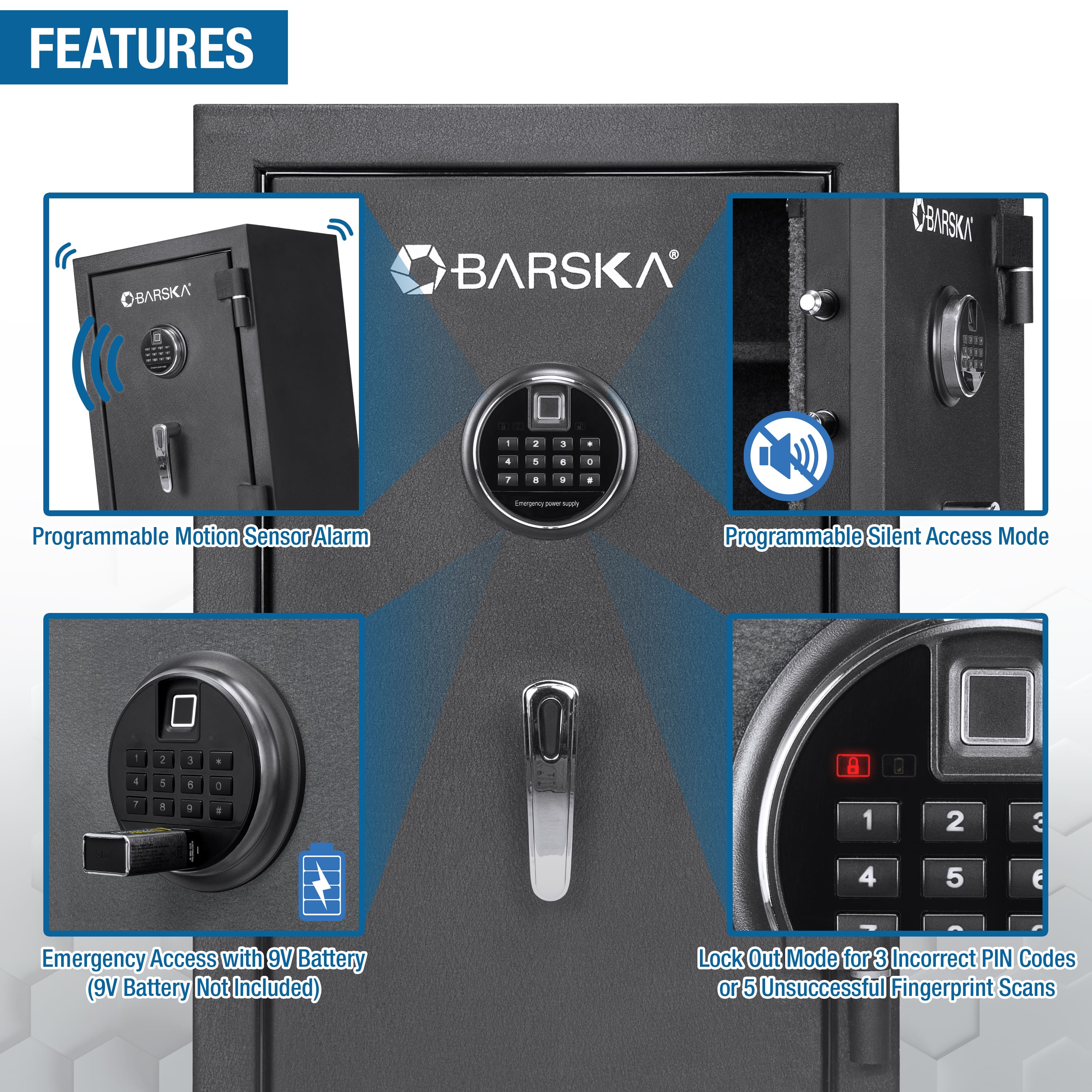 Features:
1. Programmable Motion Sensor Alarm
2. Programmable Silent Access Mode
3. Emergency Access with 9V Battery (9V Battery Not Included)
4. Lock Out Mode for 3 Incorrect PIN Codes or 5 Unsuccessful Fingerprint Scans