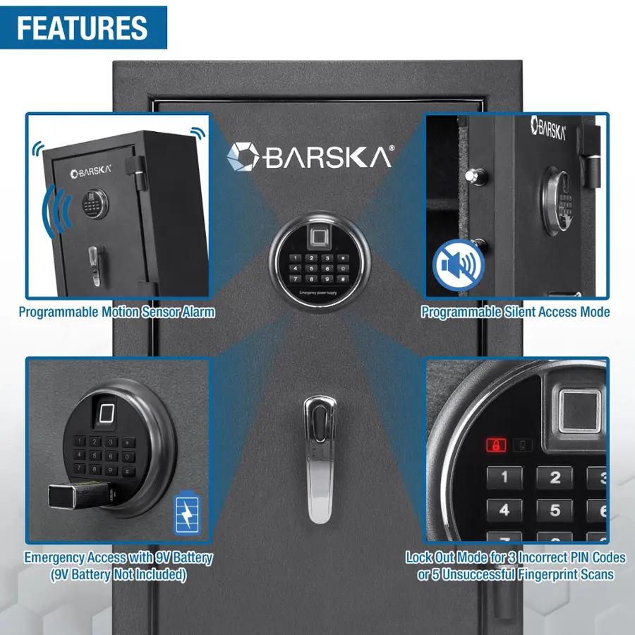 Features:

1. Programmable Motion Sensor Alarm
2. Programmable Silent Access Mode
3. Emergency Access with 9V Battery (9V Battery Not Included)
4. Lock Out Mode for 3 Incorrect PIN Codes or 5 Unsuccessful Fingerprint Scans