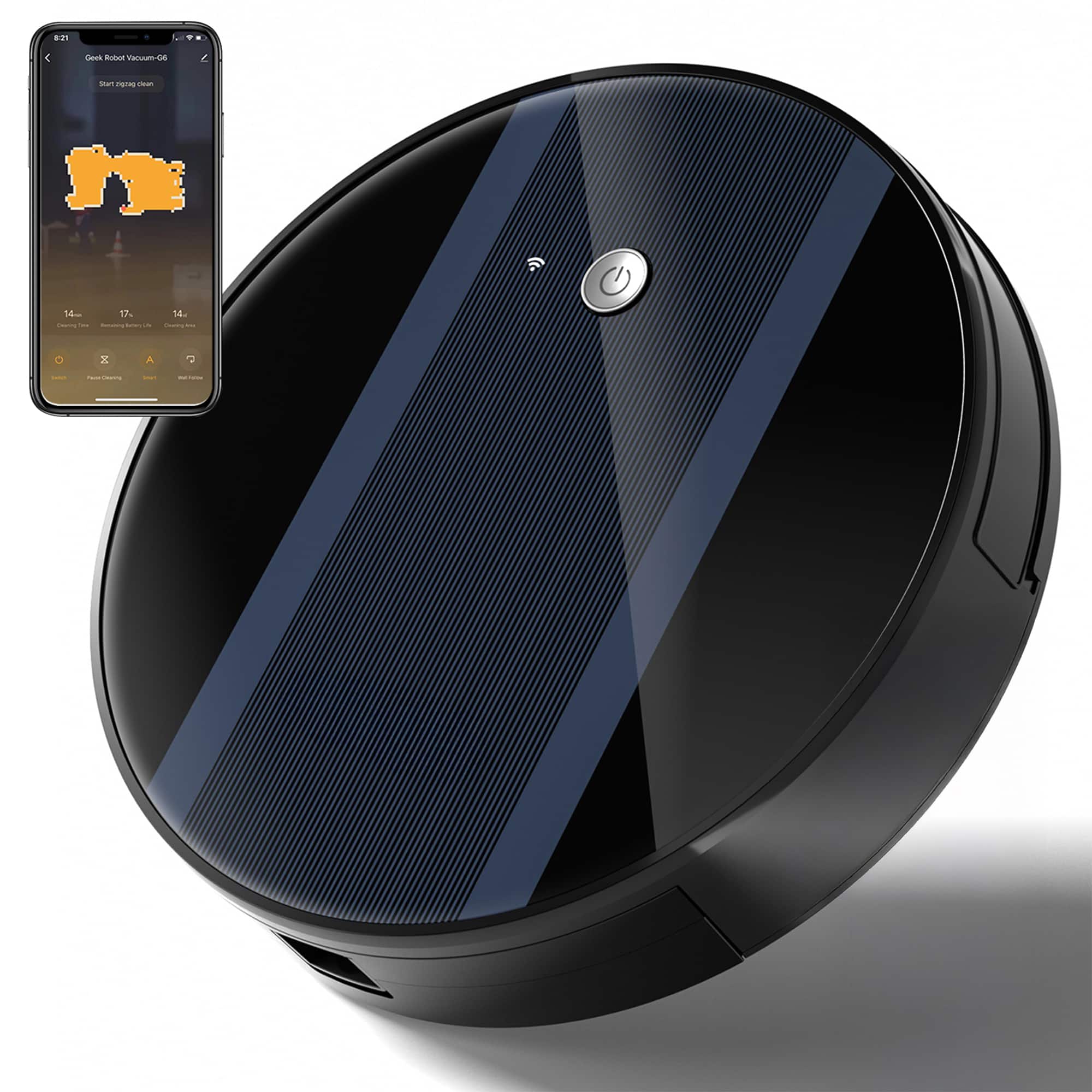 Aukfa - G6 Robot Vacuum - Ultra-Thin, 1800Pa Suction, Auto Self-Charging, Wi-Fi/APP Control, Custom Cleaning, 100min Runtime - Black