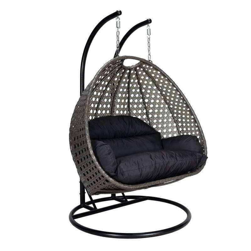 Left. LeisureMod - Leisuremod Outdoor 2-Person Charcoal Wicker Egg Swing Chair with Steel Stand, Washable Cushions & Waterproof Cover - Black.