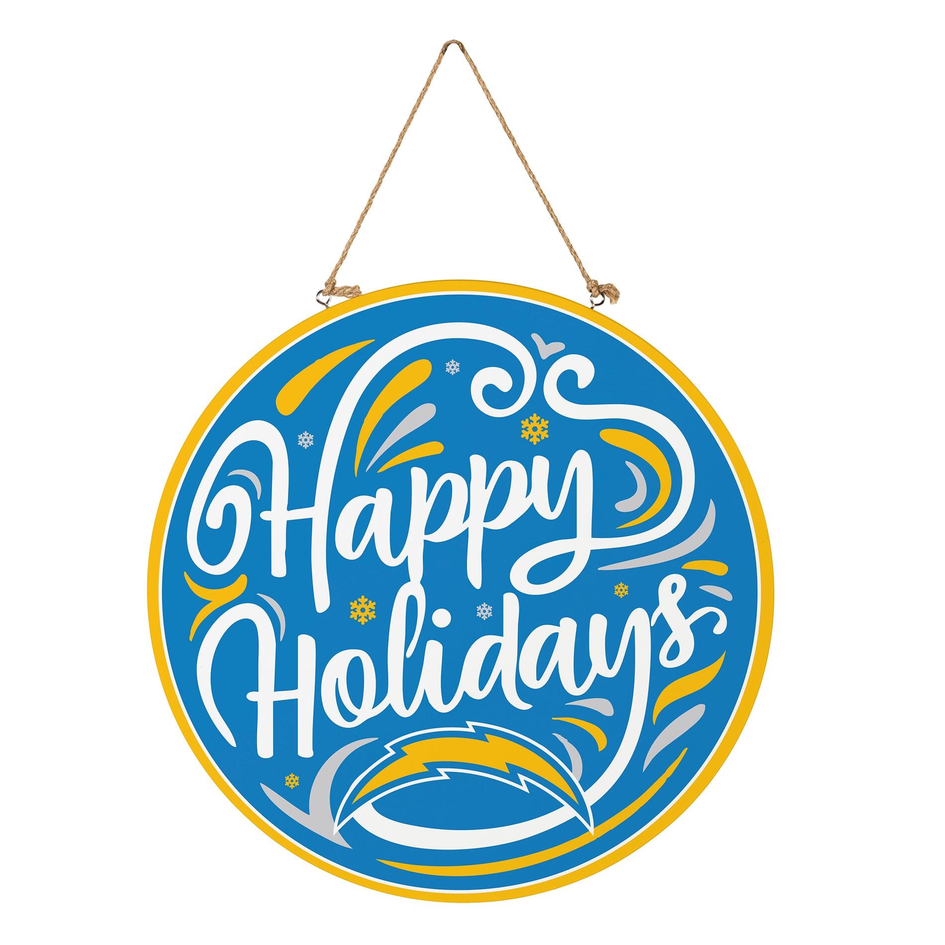 Alt View 2. Evergreen Enterprises - Los Angeles Chargers 18" Happy Holidays Wooden Round Door Sign - Multicolor.