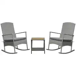 Outsunny - 3 Piece Patio Rocking Chair Set, 2 PE Wicker Rocking Chairs, Cushioned, 1 Two-Tier Wood Slat Coffee Table - Gray
