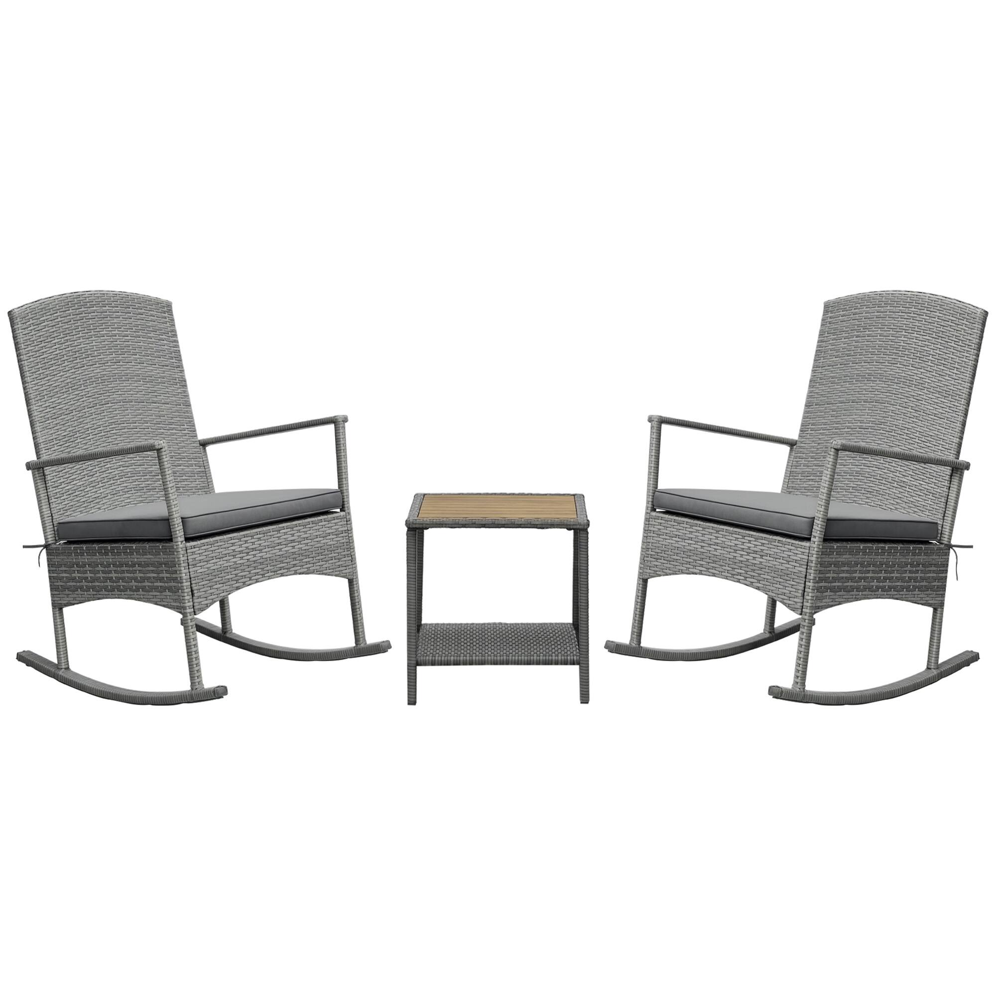 Outsunny - 3 Piece Patio Rocking Chair Set, 2 PE Wicker Rocking Chairs, Cushioned, 1 Two-Tier Wood Slat Coffee Table - Gray