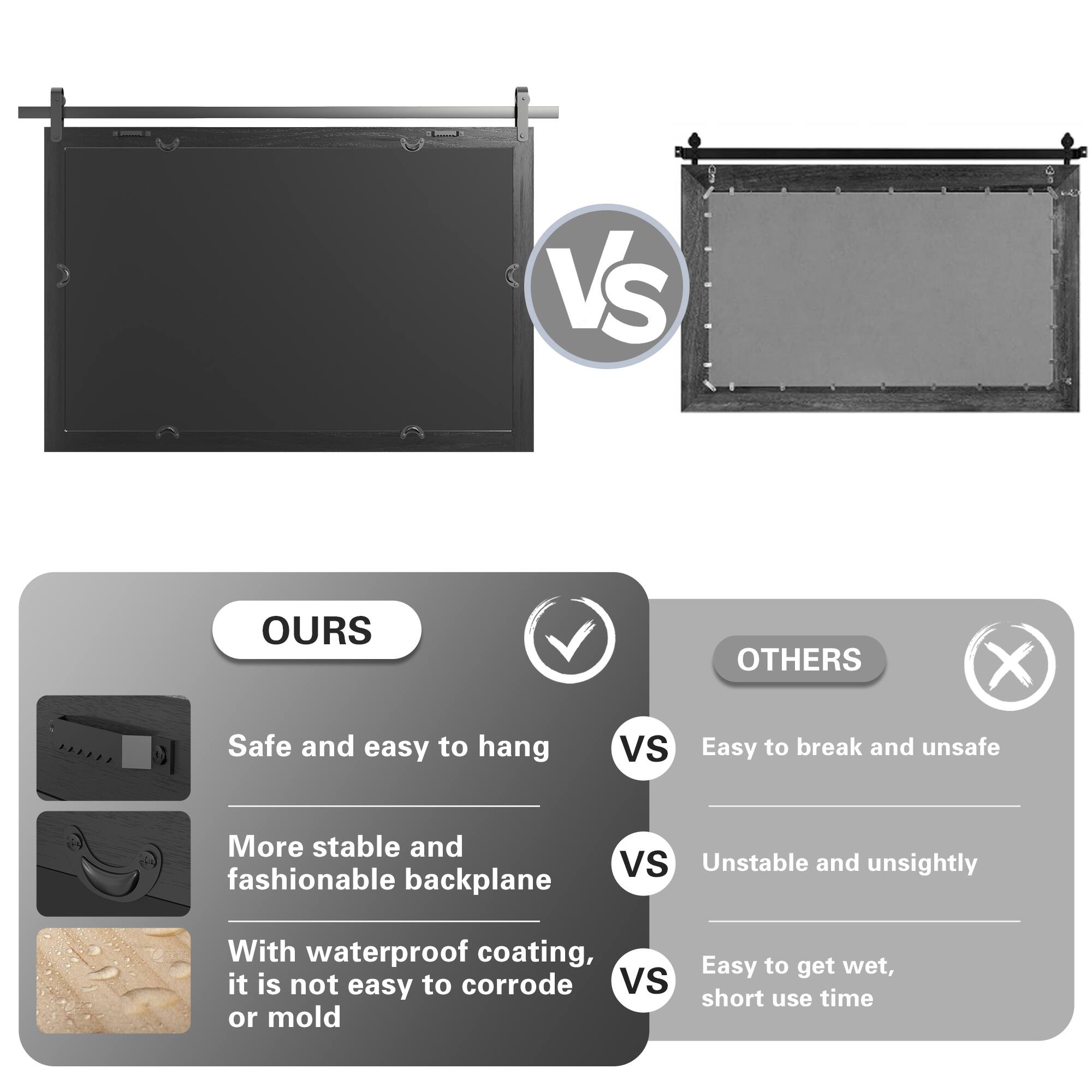- **OURS**
  - Safe and easy to hang
  - More stable and fashionable backplane
  - With waterproof coating, it is not easy to corrode or mold

- **OTHERS**
  - Easy to break and unsafe
  - Unstable and unsightly
  - Easy to get wet, short use time