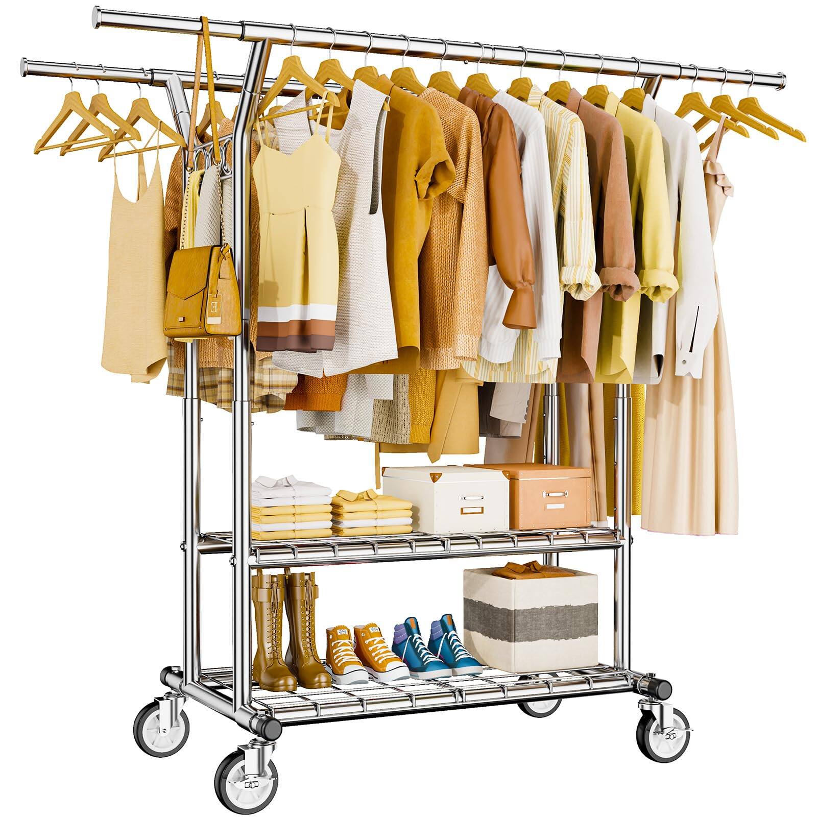 Front. Cedar Assembly - Heavy Duty Clothes Rack Rolling Clothing With Shelves Load Double Rod Racks For Hanging Portable& Adjustabl... - Sliver Large.