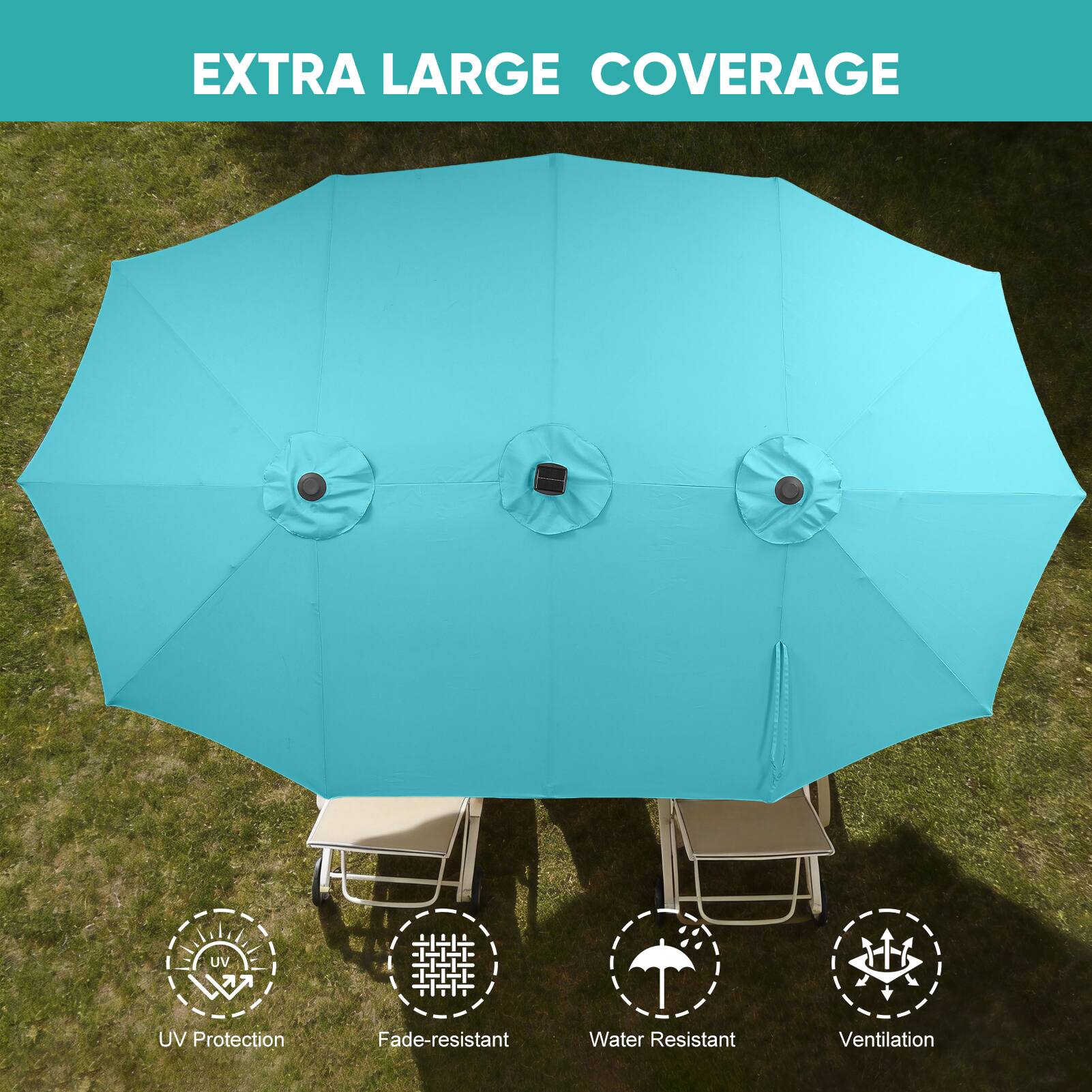 EXTRA LARGE COVERAGE

- UV Protection
- Fade-resistant
- Water Resistant
- Ventilation