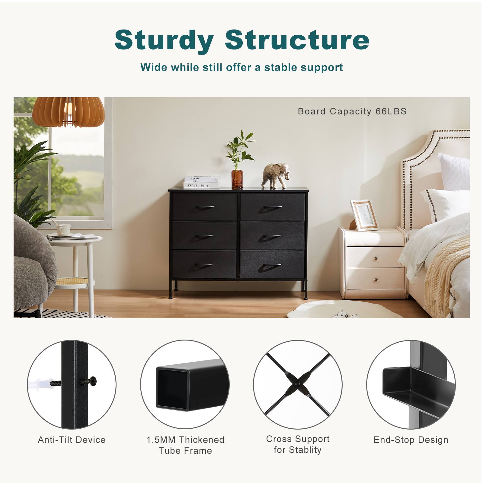 Sturdy Structure  
Wide while still offer a stable support  

Board Capacity 66LBS  

Anti-Tilt Device  
1.5MM Thickened Tube Frame  
Cross Support for Stability  
End-Stop Design