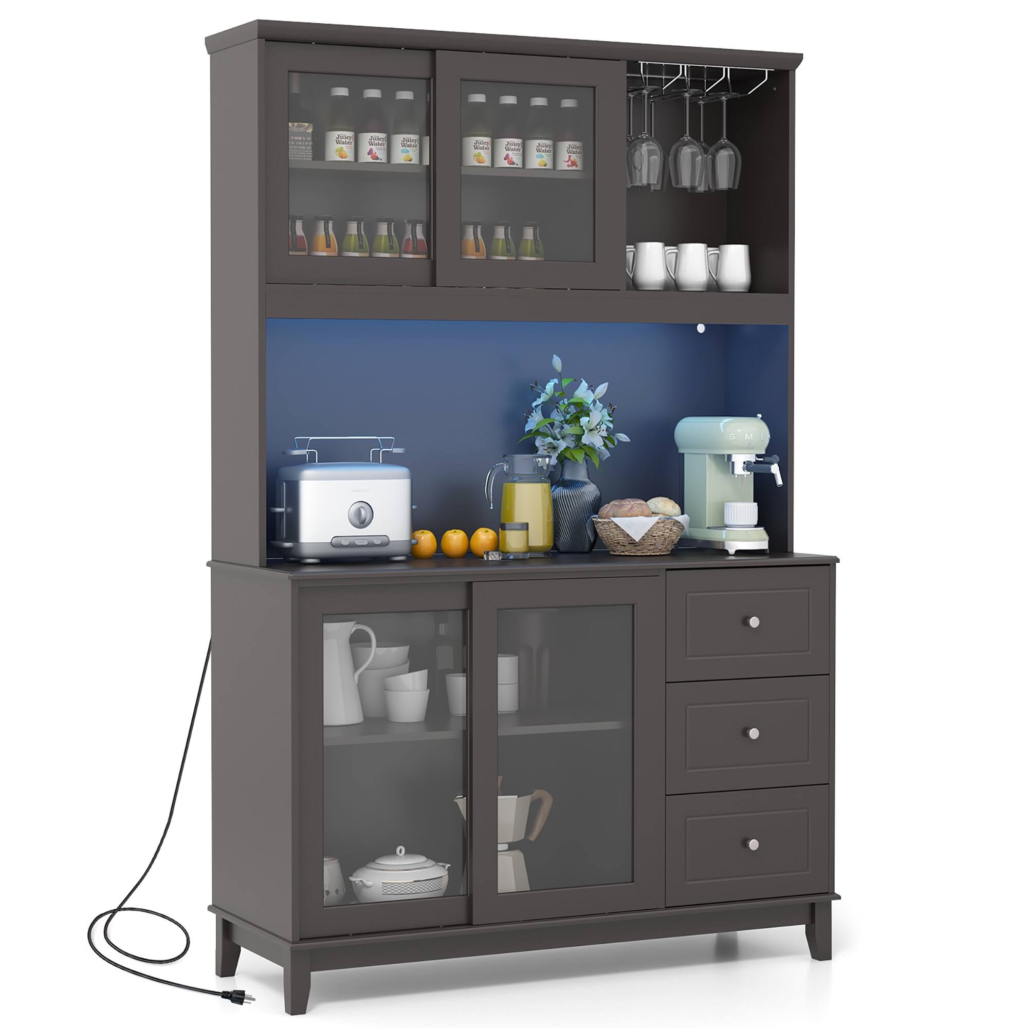 Alt View 9. Gymax - Gymax Kitchen Pantry Storage Cabinet Kitchen Hutch w/ LED lights & Power Outlet Dark Brown - Dark Brown.