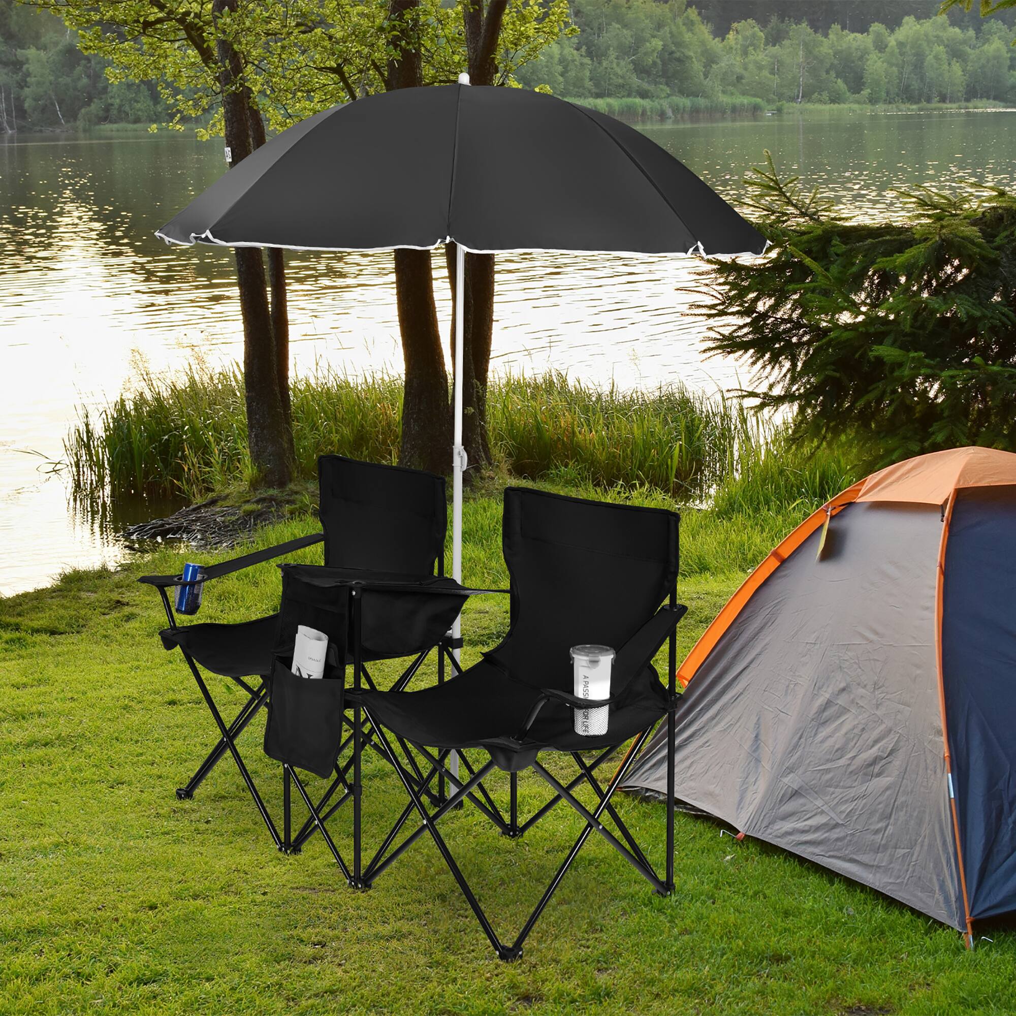 Left. Costway - Portable Folding Picnic Double Chair W/Umbrella Table Cooler Beach Camping Black - Black.