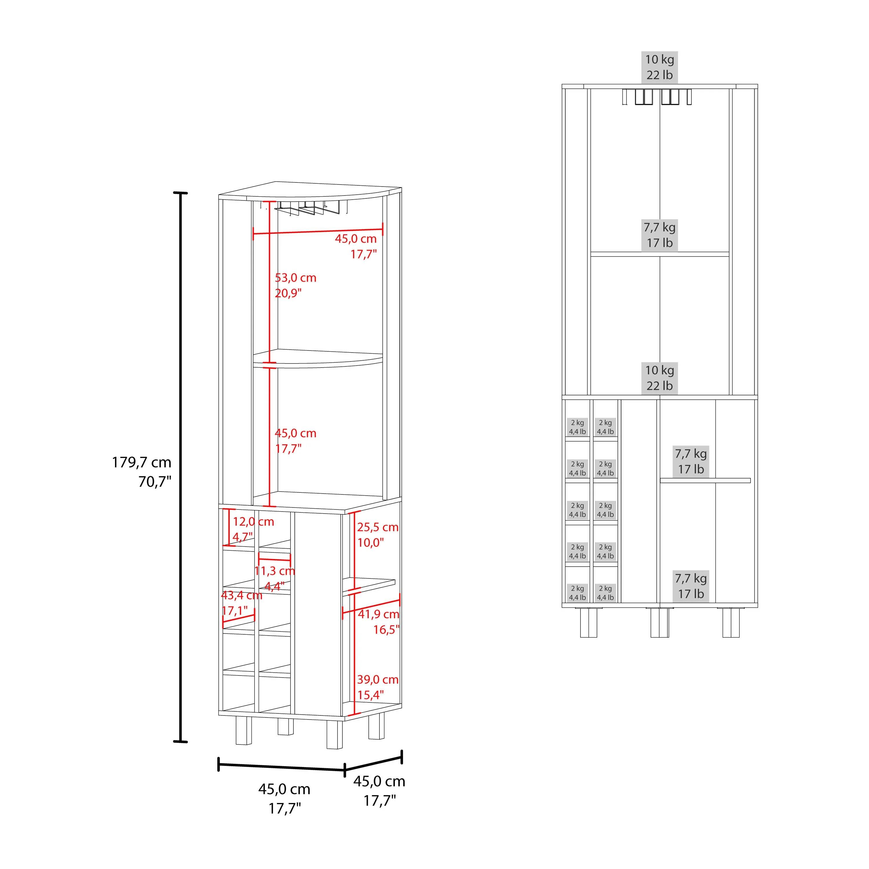 Sure, here is the corrected and grouped text from the image:

- **Dimensions:**
  - Height: 179.7 cm (70.7")
  - Width: 45.0 cm (17.7")
  - Depth: 45.0 cm (17.7")
  - Shelf Depth: 25.5 cm (10.0")
  - Shelf Height: 12.0 cm (4.7")
  - Shelf Spacing: 11.3 cm (4.4")
  - Total Height with Top Shelf: 53.0 cm (20.9")
  - Bottom Shelf Height: 39.0 cm (15.4")

- **Weight Capacities:**
  - Top Shelf: 7.7 kg (17 lb)
  - Middle Shelf: 10 kg (22 lb)
  - Bottom Shelf: 10 kg (22 lb)
  - Door: 7.7 kg (17 lb)

- **Additional Details:**
  - 44D (possibly a model or part number)
  - 2kg LB LIB
  - 2kg LA
  -