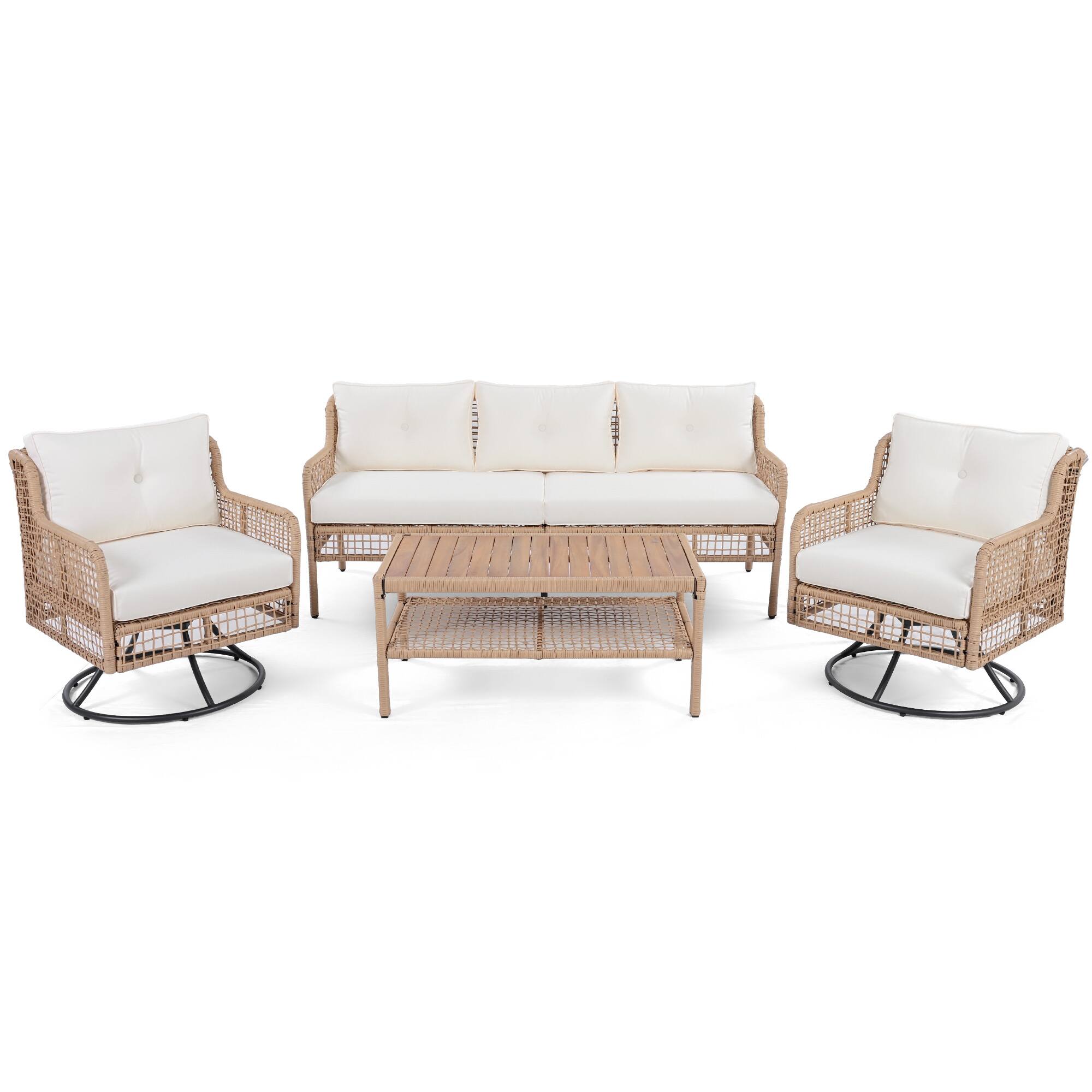 Back. Whisen - 4-Piece Outdoor Wicker Patio Furniture Set, 3-Seater Sofa & 2 Swivel Chairs with Coffee Table - Beige.