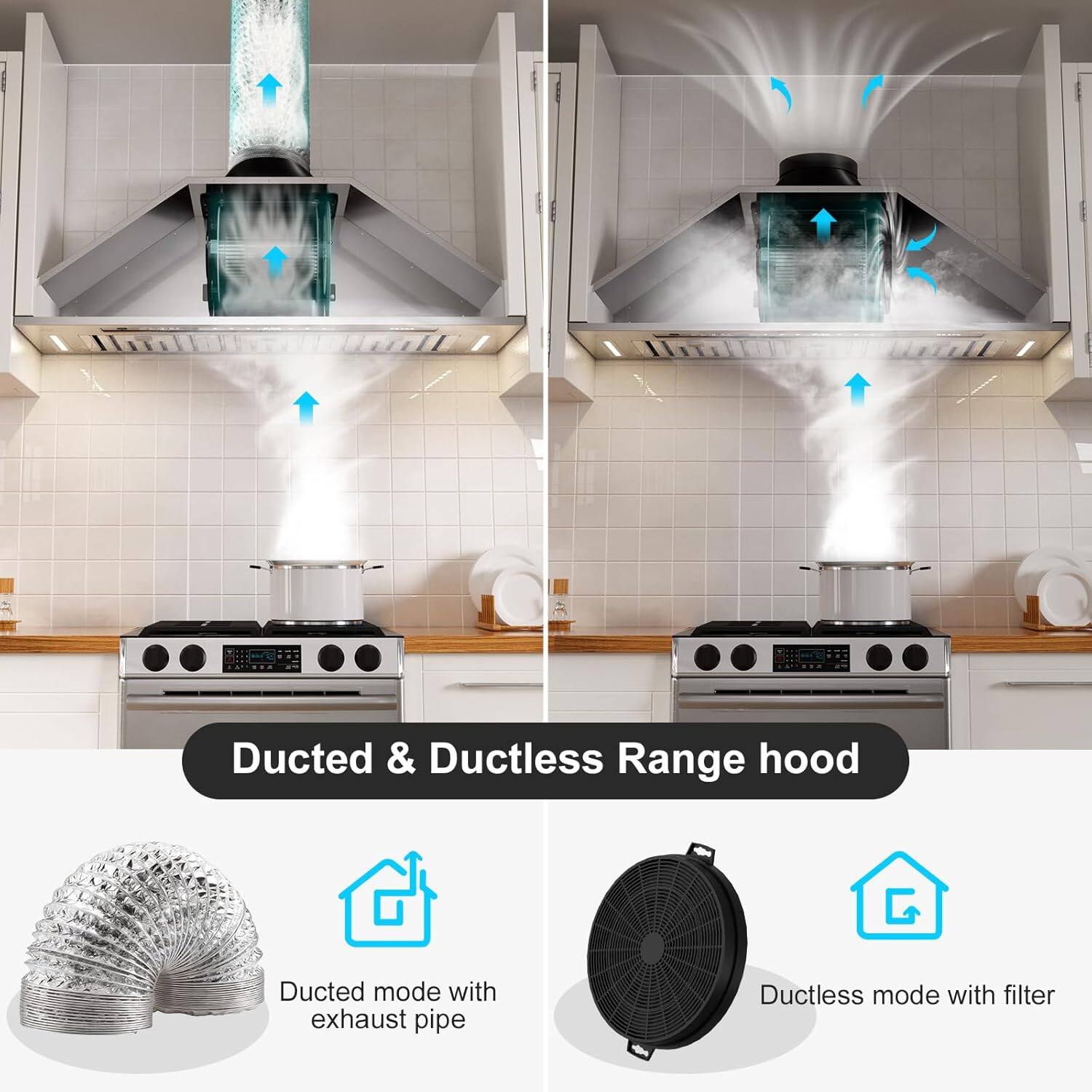 Ducted & Ductless Range hood

- Ducted mode with exhaust pipe
- Ductless mode with filter