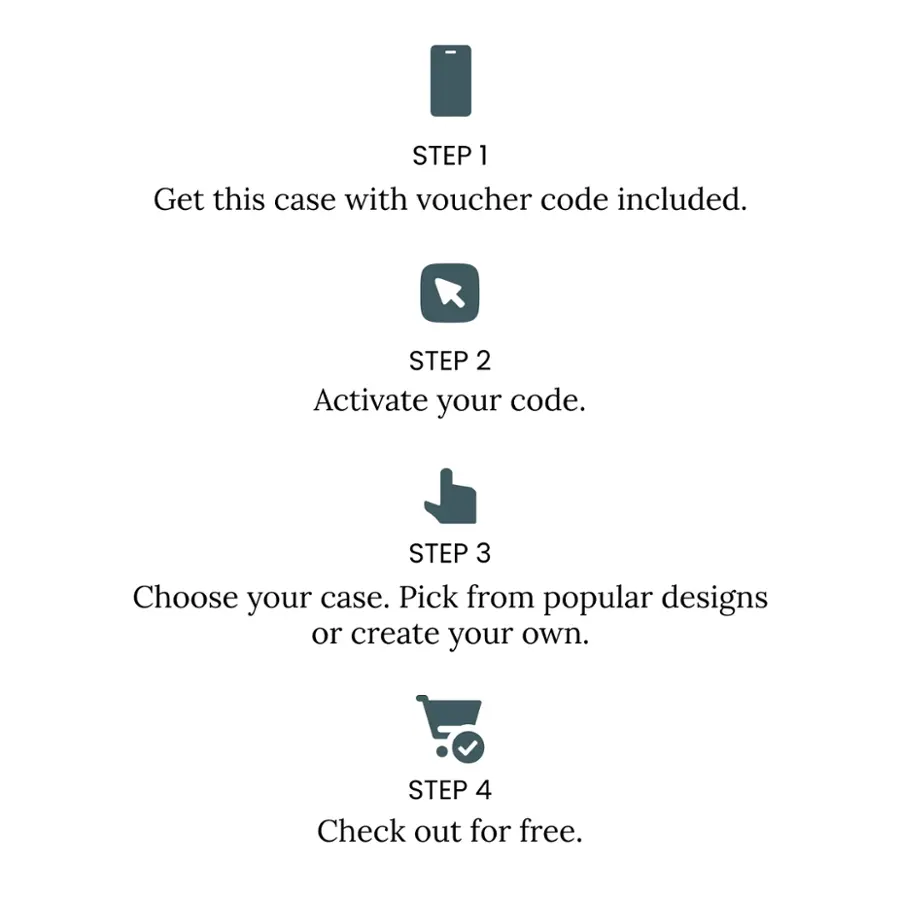 STEP 1: Get this case with voucher code included.
STEP 2: Activate your code.
STEP 3: Choose your case. Pick from popular designs or create your own.
STEP 4: Check out for free.
