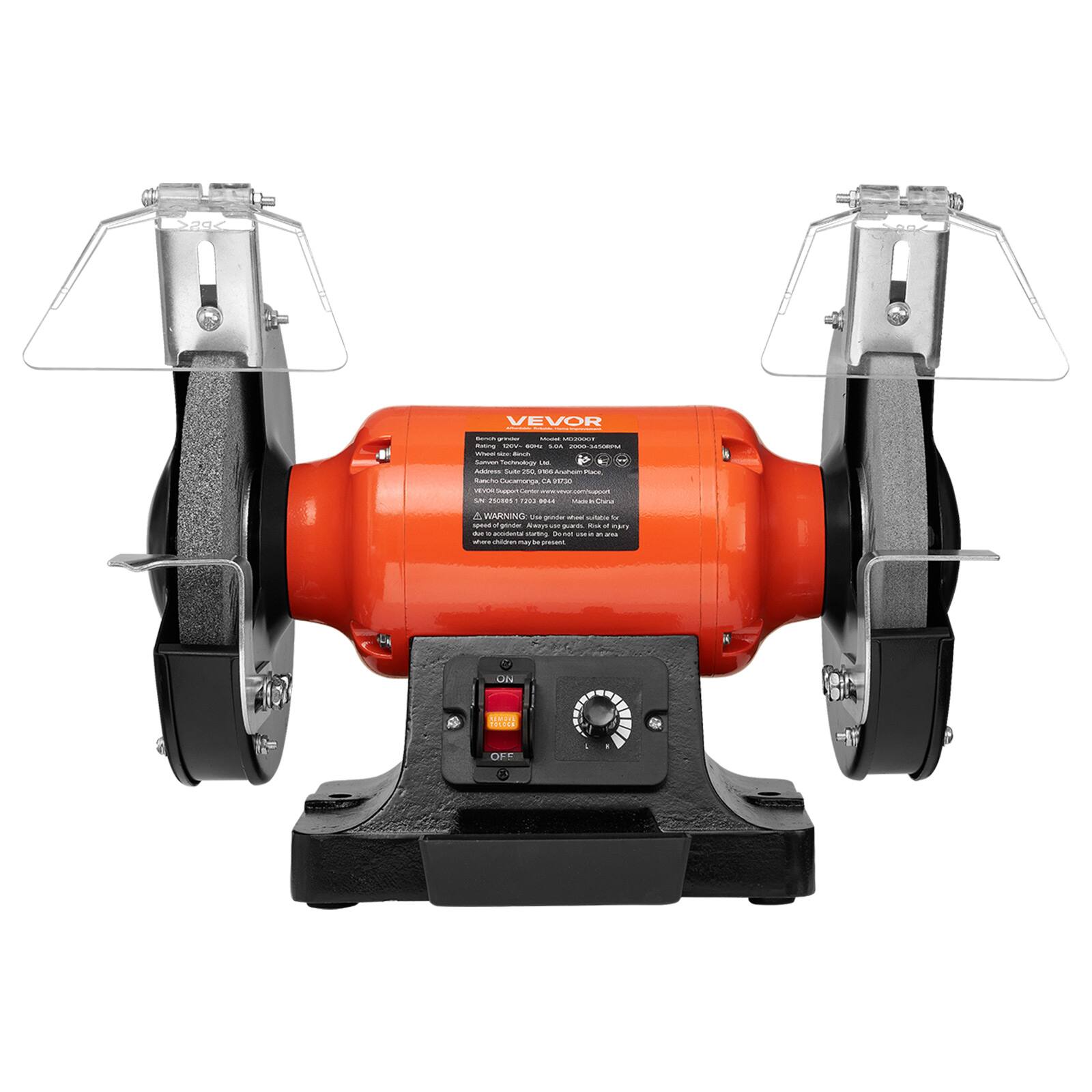 VEVOR  
Model: B300  
Made in China  

Address: Suite 250, Puck Ranch-Cucamonga, CA  
Website: www.vevor.com/support  

WARNING: Use grinder with sidePor b speed grinder Always or guards. - . egry our c accidental vorting Do not von e Y irs where children may be present  

ON  
OFF