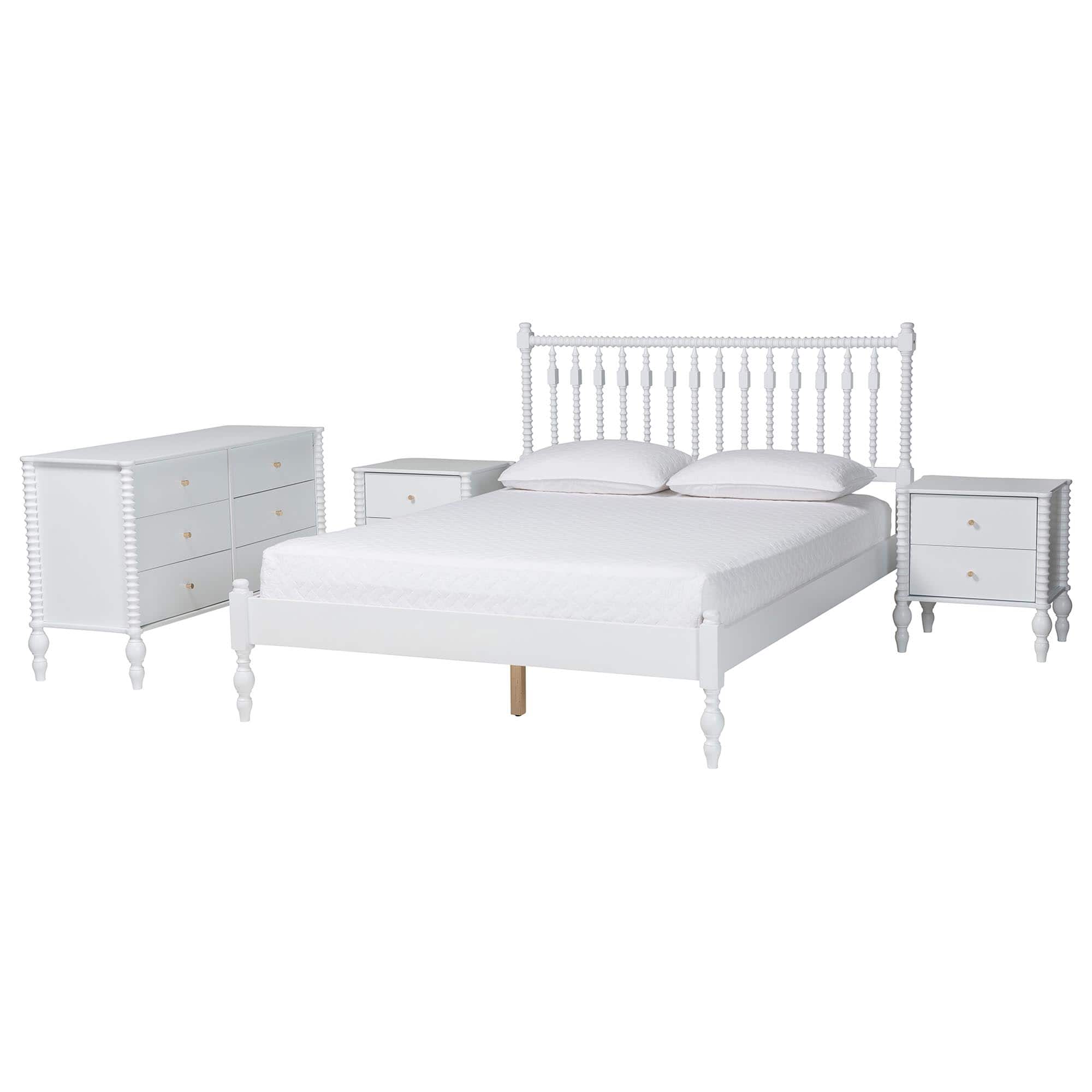 Baxton Studio - Callison Spindle 4-Piece Bedroom Set - Platform Bed with Matching Dresser and 2-Drawer Nightstands, Full - White
