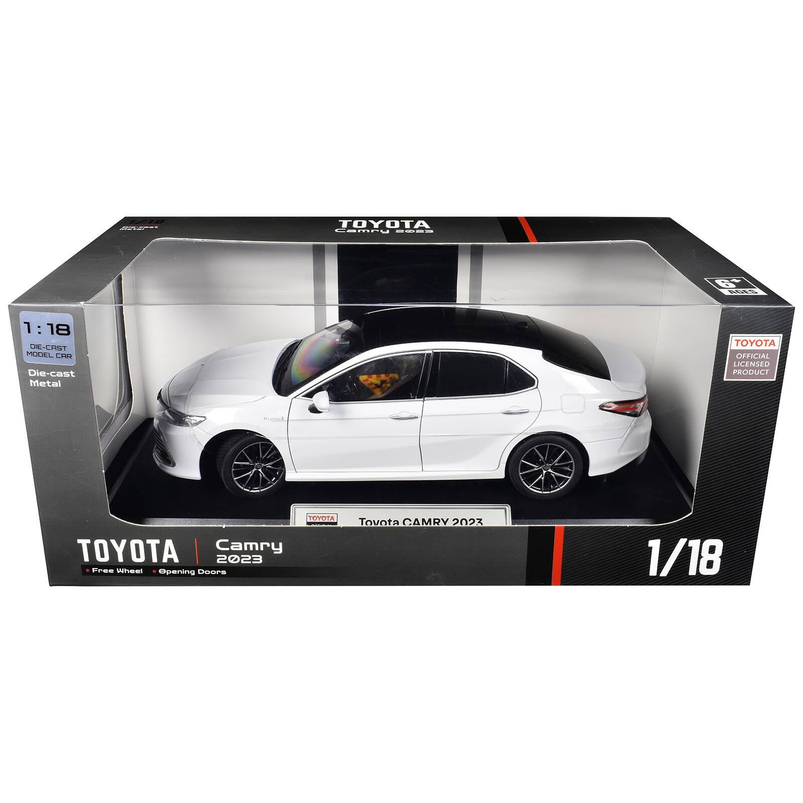 1/18  
TOYOTA Camry COED  
6+ AGES  
18 DIE-CAST MODEL CAR Die-cast Metal  
TOYOTA OFFICIAL LICENSED PRODUCT  
TOYOTA TOYOTA Camry 2023 Free Wheel Opening Doors  
Tovota CAMRY 2023  
1/18