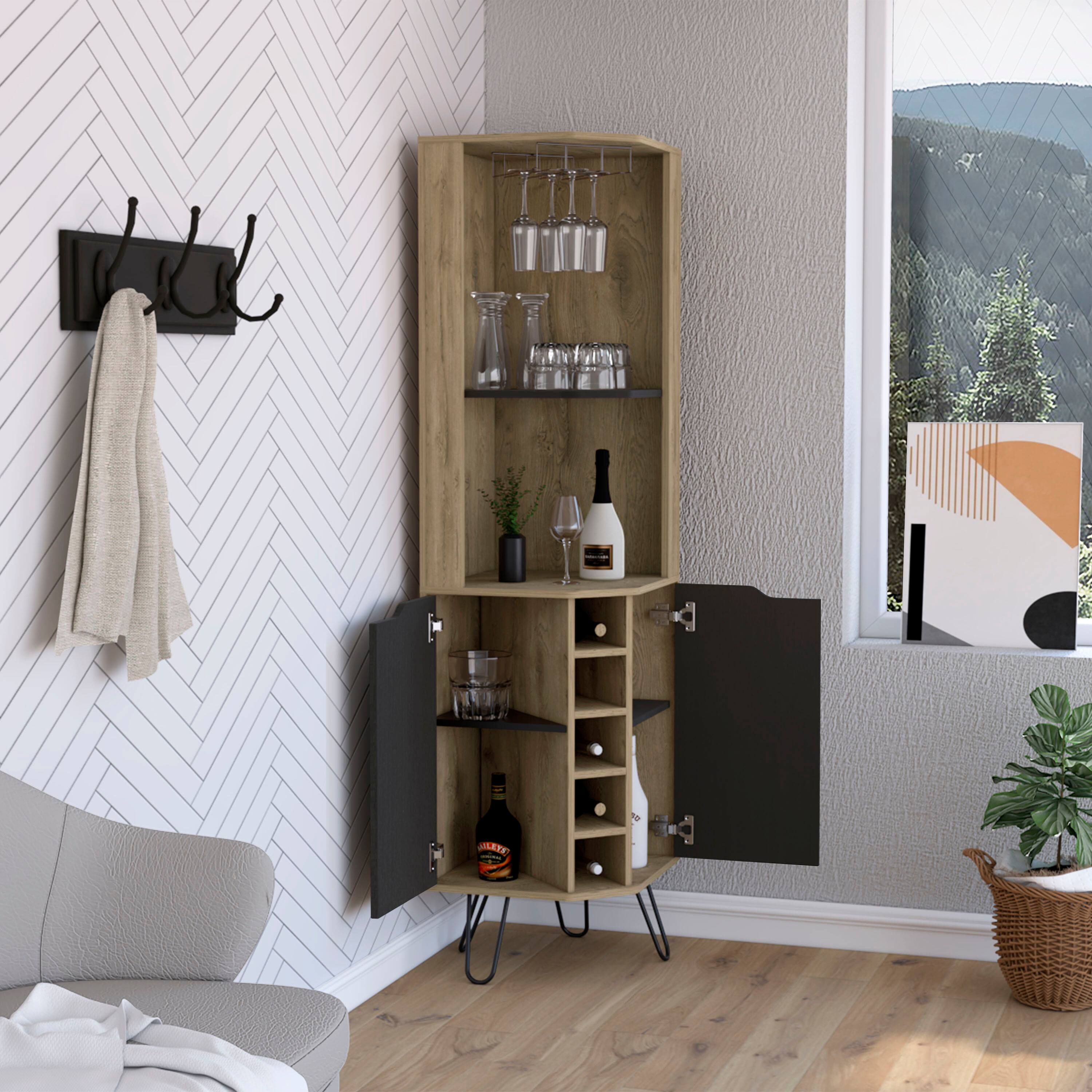 Back. TuHome - Audra Corner Bar Cabinet with Six Built-In Wine Rack, Two Shelves, Four Shelves with Door, Perfect for Bar Room - Macadamia / Black.