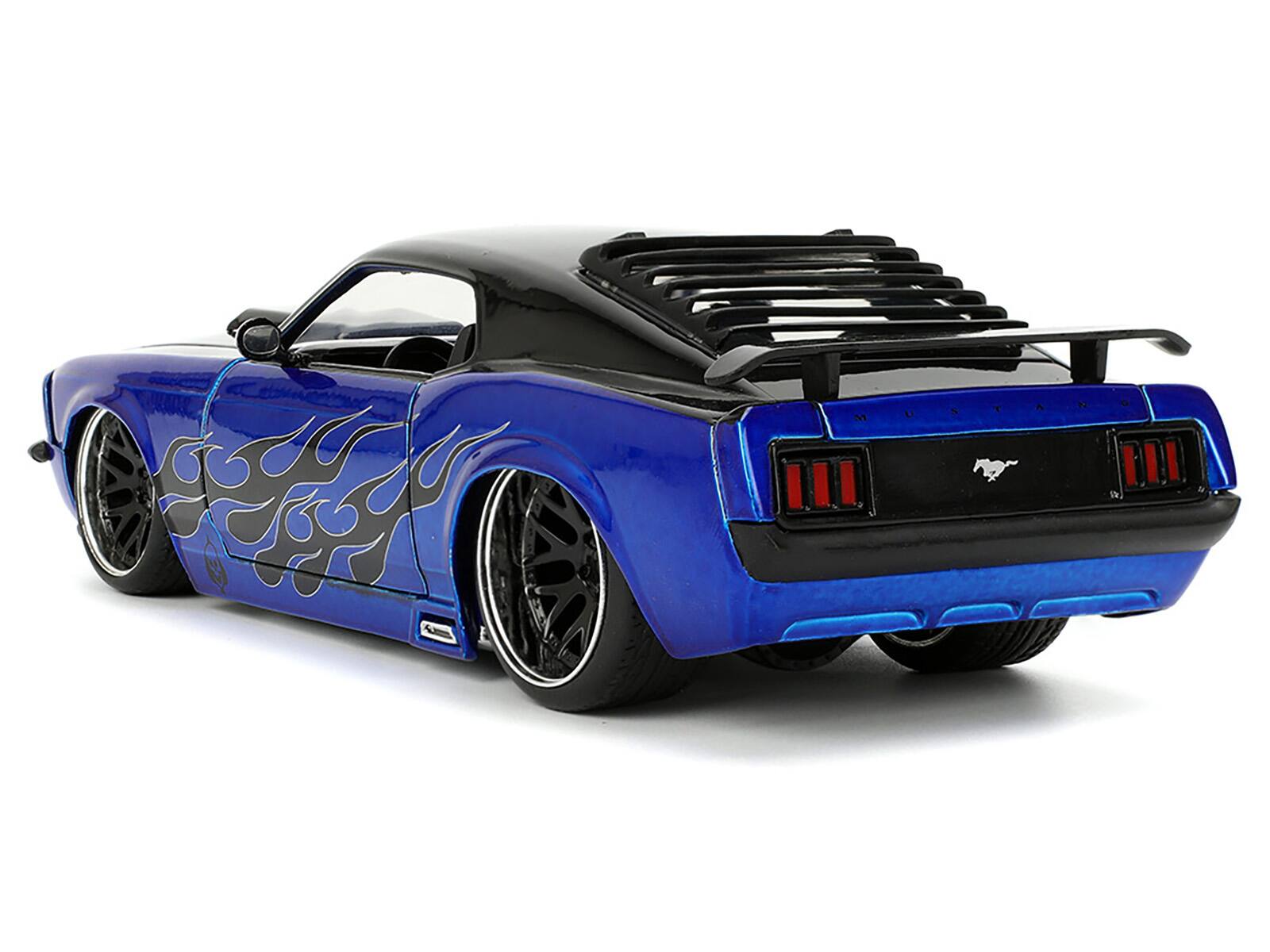Alt View 1. Jada - 1970 Ford Mustang Boss 429 Black and Blue Metallic with Flames "Bigtime Muscle" Series 1/24 Diecast Model Car by Jada - Black and Blue Metallic with Flames.