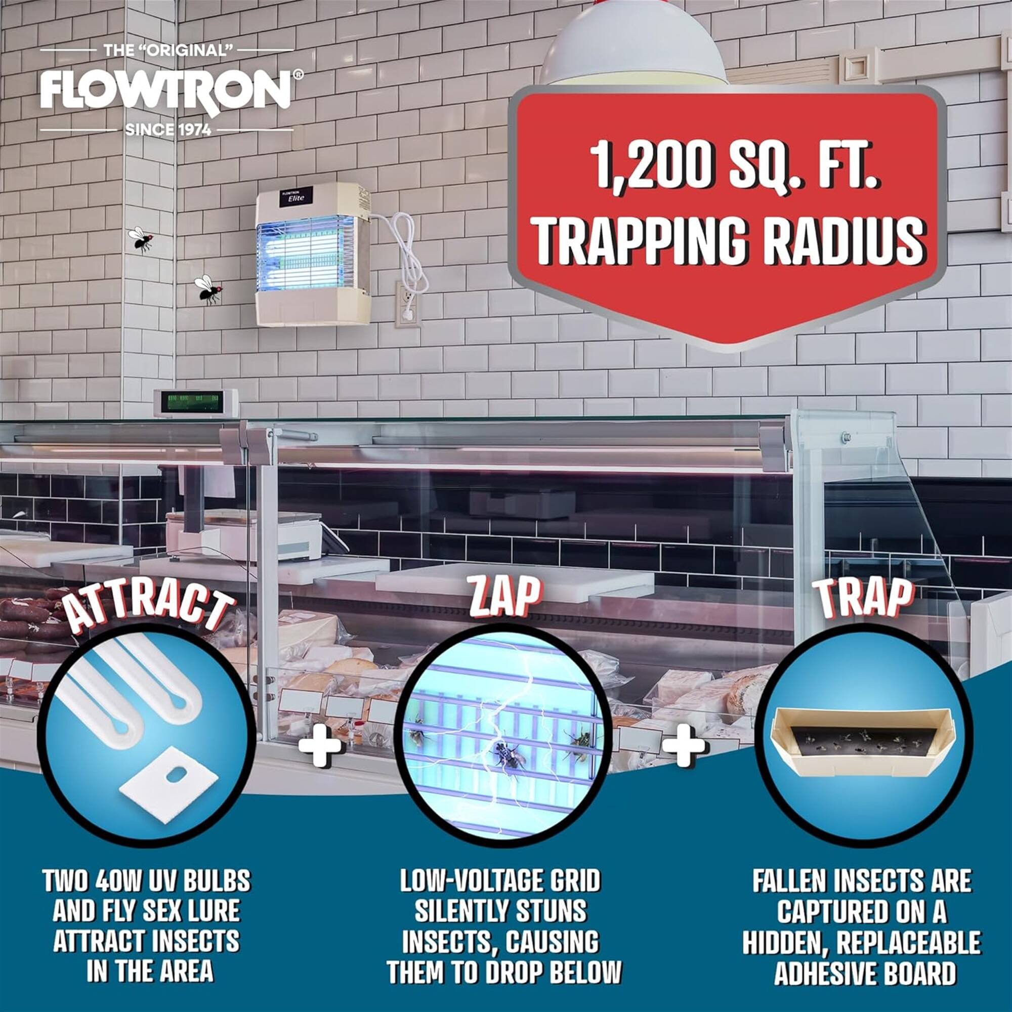 THE "ORIGINAL" FLOWTRON SINCE 1974
1,200 SQ. FT. TRAPPING RADIUS
ATTRACT
ZAP
TRAP
+ + TWO 40W UV BULBS AND FLY SEX LURE ATTRACT INSECTS IN THE AREA
LOW-VOLTAGE GRID SILENTLY STUNS INSECTS, CAUSING THEM TO DROP BELOW
FALLEN INSECTS ARE CAPTURED ON A HIDDEN, REPLACEABLE ADHESIVE BOARD